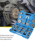 Blue Acymner 24-piece disc brake caliper tool kit in open case with assorted circular discs and adapters.