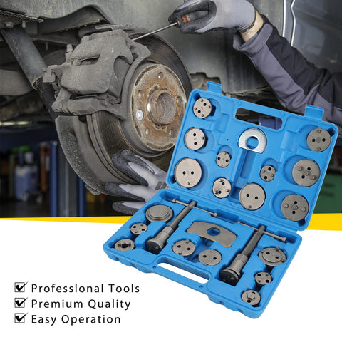 Blue Acymner 24-piece disc brake caliper tool kit in open case with assorted circular discs and adapters.