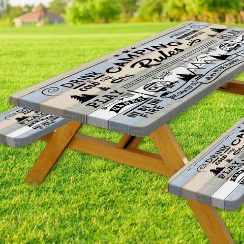 Outdoor 3 Piece Picnic Table Cover Set With Bench Covers for 6ft Tables Waterproof Windproof Elastic Edges Wrinkle Free Tablecloth
