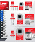 12 Piece Torx Stubby Low Profile Socket Set T10 Through T60 In S2 Steel chart showing bit size, length, and drive details