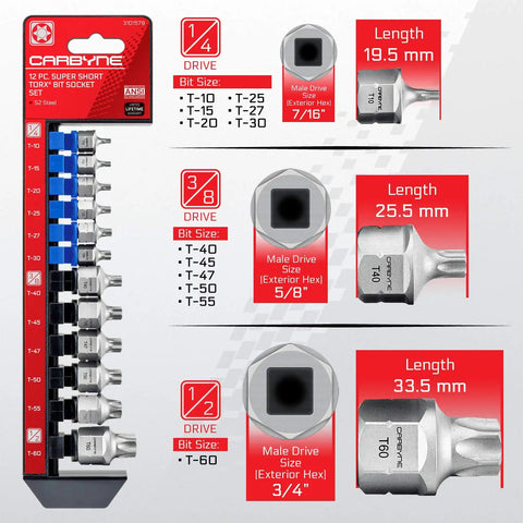 12 Piece Torx Stubby Low Profile Socket Set T10 Through T60 In S2 Steel chart showing bit size, length, and drive details