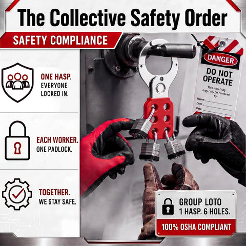 Bulk 25 Pack 1.5 Inch Steel Safety Lockout Hasps With Chrome Steel And Dual Layer Nylon Handle in use on industrial equipment.