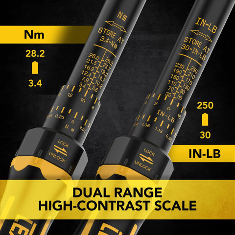 Quarter Inch Drive Torque Wrench With Dual Scale 30 To 250 Inch Pounds And 3.4 To 28.2 Newton Meters Pre Calibrated For Precision With Serial Numbered Calibration Certificate Premium Rubber Grip Handle Deluxe Hybrid Case dual range scale close-up