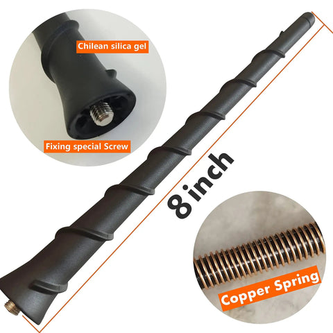 8 Inch Rubber Car Antenna For Chrysler 200 2011 2014 Car Wash Safe Internal Copper Coil Mast Replacement, close-up with specs