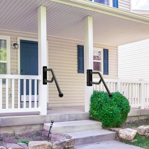 Heavy Duty Jamb Mount Iron Handrails For Indoor And Outdoor Steps Fully Welded Wall Plate 28 Inch Long By 1.3 Inch Diameter Supports Up To 500 Lbs Built For Seniors Durable Safety Grab Bar For Stairs installed on porch steps