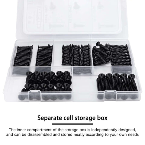 Wood Screws Assortment Kit 175 Pieces With Phillips Flat Head Self Tapping Screws In Black Zinc Plated Carbon Steel organized in a box