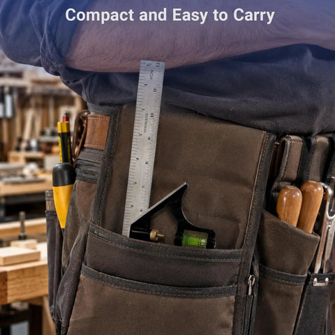 Job Site Ready 12 Inch Combination Square And Adjustable Carpenter Square With Heavy Duty Stainless Steel Blade in tool belt pocket.