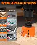 Bi-Metal Hole Saw Kit With One Arbor Fits All, 17-Piece Set showing wide applications chart and hole saw in wood