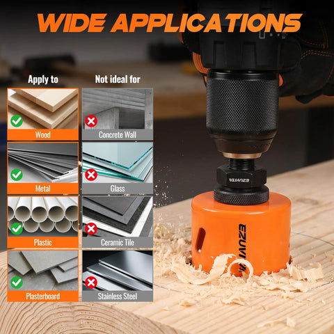 Bi-Metal Hole Saw Kit With One Arbor Fits All, 17-Piece Set showing wide applications chart and hole saw in wood