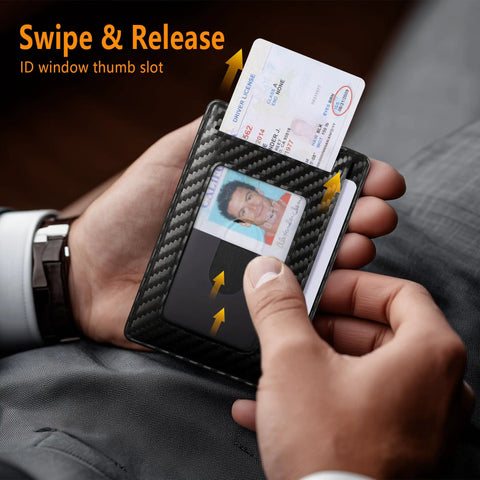 Front Pocket Minimalist Leather Wallet With RFID Blocking Carbon Fiber Texture Ultra Slim 0.12 Inch Thick Black Card Holder with ID window