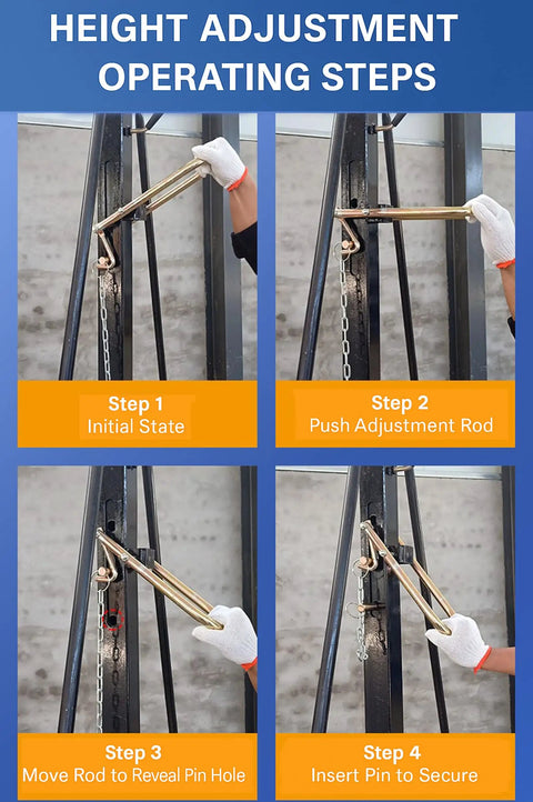 Height adjustment steps for Adjustable Gantry Crane 2-Ton Portable Hoist Frame With Trolley, Sling, Shackles, Hooks And Festoon System