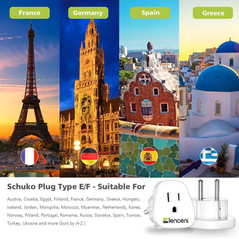 2 Pack Schuko Type E and F Travel Power Adapter For Europe From US Plug Charger, with iconic landmarks of France, Germany, Spain, Greece.