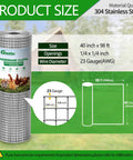 Top Shelf 304 Stainless Steel Hardware Cloth Quarter Inch Wire Mesh 23 Gauge Roll 40 X 98 Feet with size and material details.