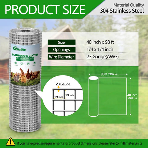 Top Shelf 304 Stainless Steel Hardware Cloth Quarter Inch Wire Mesh 23 Gauge Roll 40 X 98 Feet with size and material details.
