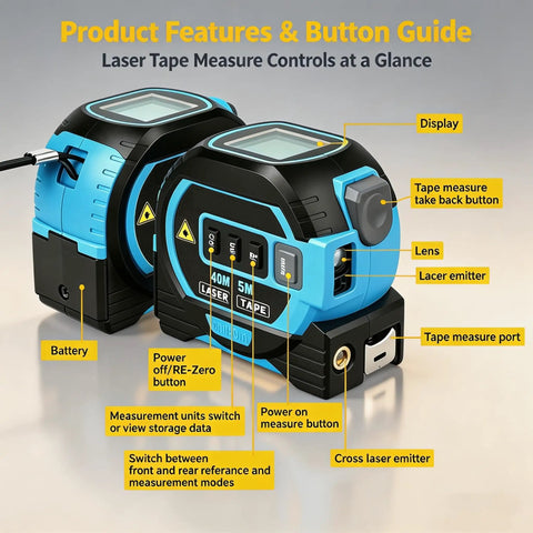 Solid Workhorse 3 In 1 Laser Distance Meter Pairs Up Cross Line Level And Retractable Tape Measure For Dead On Accuracy Digital panel features and button guide.