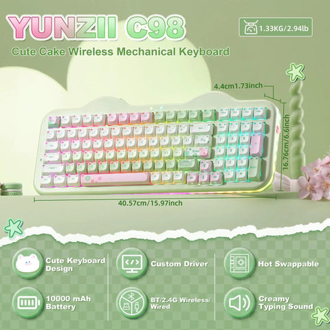 Butter Smooth Milk Switch Wireless Mechanical Keyboard With 98 Key Layout And Full Number Pad Featuring Totally Fire Cake Theme Vibe And Vibrant Dye Sub Keycaps, showing pastel keys and unique design.