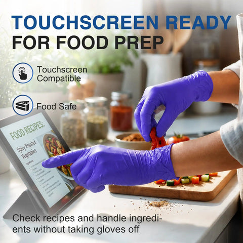 Hands wearing Rock Solid Dark Blue Nitrile Exam Gloves 100 Pack Powder Free And Latex Free Medical Grade Disposable Gear, preparing food.
