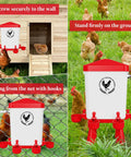 3 Gallon Automatic Chicken Waterer with 5 Foot Pipe and Five Red Nipple Cups Float Control setup options and chickens drinking.
