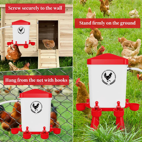 3 Gallon Automatic Chicken Waterer with 5 Foot Pipe and Five Red Nipple Cups Float Control setup options and chickens drinking.