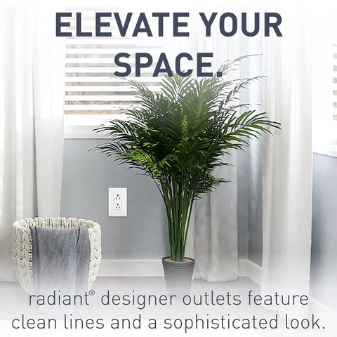Radiant 885TRWCC12 15 Amp Tamper Resistant Decorator Duplex Outlet White Side Wire Or Push Wire installed in room with plant