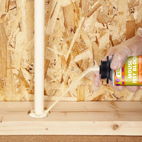 Applying Tough As Nails Mouse Proof Expanding Foam Sealant around pipe hole for pest prevention.
