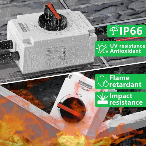 Foolproof Solar Pv Disconnect Switch 32 Amp Dc1500v Rapid Shutoff Isolator with IP66 seal under rain and fire effects.