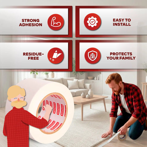 Heavy Duty Double Sided Rug Tape For Area Rugs And Hardwood Floors, 2 Inch By 30 Yards shown in living room context