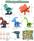 Five Dino Building Set For Kids With STEM Learning, featuring colorful dinosaur models, tools, and play mat dimensions.