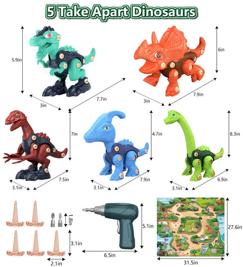 Five Dino Building Set For Kids With STEM Learning, featuring colorful dinosaur models, tools, and play mat dimensions.