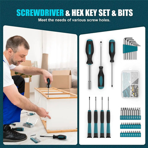 206-Piece Cordless Drill And Tool Kit With LED Light, 12V Battery Powered Home Repair Set For DIY, Portable Household Toolbox For Men And Women, Includes Screwdriver Set And Pliers For Garden, Office And Housework