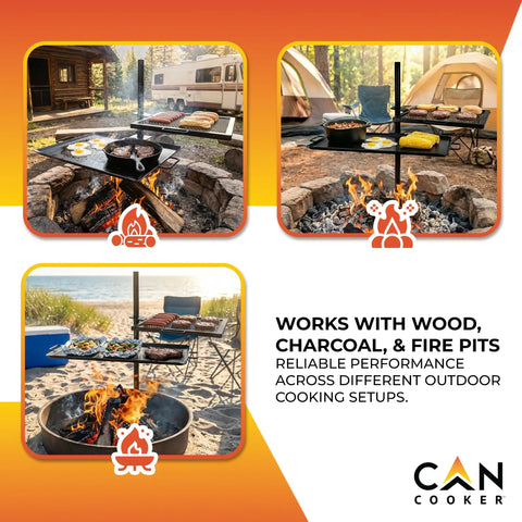 Open Flame Campfire Grill And Skillet Combo For Outdoor Cooking shown over fire pit setups with adjustable height.