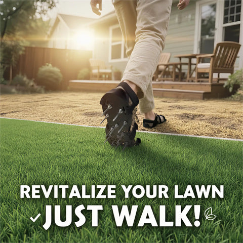 Lawn Aerator Shoes With 26 Steel Spikes Pre Assembled For Quick Yard Care, Reinforced ABS Sole For Comfort, in use on lawn