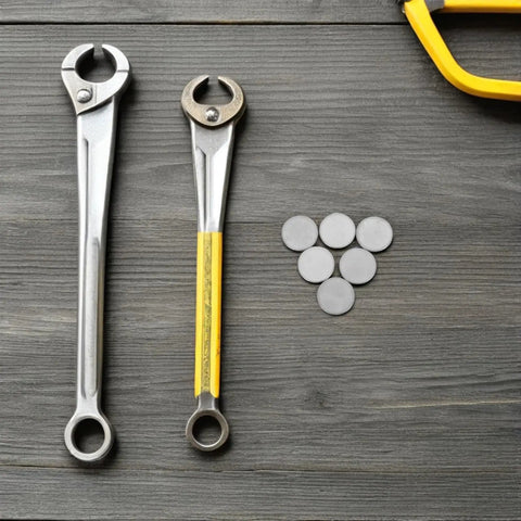 10 Piece Pack Hella Rugged Round Knockout Closure Plugs For Junction Boxes And Electrical Panels Stainless Steel Cable Seals Smooth Install Built Like A Tank with wrenches on wood background.