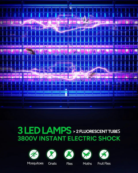 Indoor Bug Zapper With 3 Long Life LED Bulbs Energy Saving Mosquito Killer That Attracts With Dual Wavelength LEDs High Voltage Electric Fly Trap Fly Killer For Home Quiet Powerful Pest Zapper MA009 close-up view showing 3 LED lamps and 3800V electric grid.