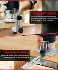 Slick Cordless Palm Router With Fast Brushless Motor And Complete 15 Pc Quarter Inch Shank Bit Kit for precise trimming guide and stable woodworking.
