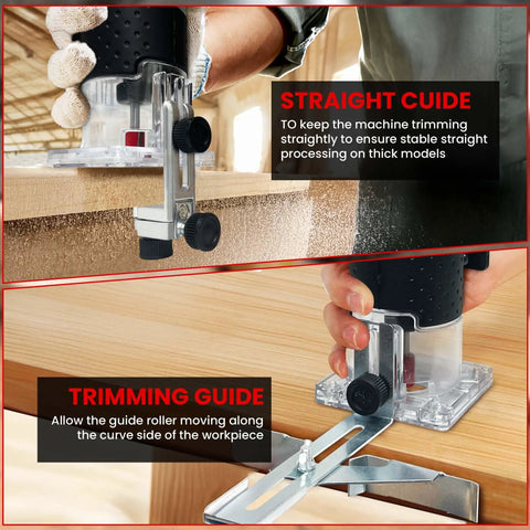 Slick Cordless Palm Router With Fast Brushless Motor And Complete 15 Pc Quarter Inch Shank Bit Kit for precise trimming guide and stable woodworking.