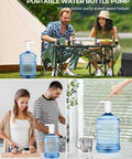 Portable Electric Water Dispenser Pump For 5 Gallon Bottles With USB Charging shown in home and camping settings