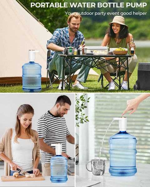 Portable Electric Water Dispenser Pump For 5 Gallon Bottles With USB Charging shown in home and camping settings