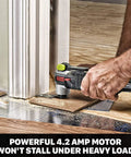 AW400 F80 Sonicrafter 4.2 Amp Oscillating Multi Tool With 9 Accessories cutting wood near door trim