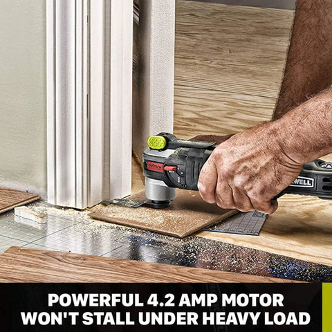 AW400 F80 Sonicrafter 4.2 Amp Oscillating Multi Tool With 9 Accessories cutting wood near door trim