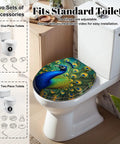 Round Vivid Peacock Colorful Plumage Display Detailed Artwork Toilet Seat on standard toilet, showcasing vibrant colors and design.