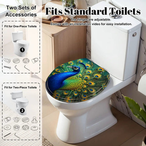 Round Vivid Peacock Colorful Plumage Display Detailed Artwork Toilet Seat on standard toilet, showcasing vibrant colors and design.