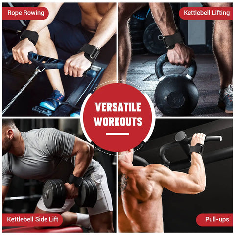 Heavy Duty Double Layer Leather Weight Lifting Wrist Straps With Adjustable Neoprene Padding For Deadlift And Powerlifting demonstrated in diverse workouts like rope rowing and kettlebell lifting.