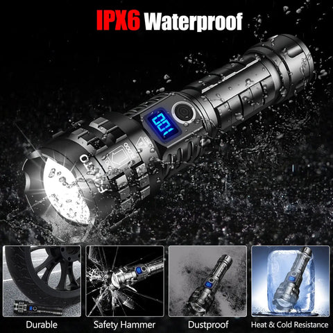 Ridiculously Bright 100000 Lumen Rechargeable Tactical Flashlight With XHP70.2 LED IPX6 waterproof showcasing build and features