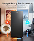 Big Capacity 7.1 Cu Ft Upright Freezer Refrigerator Convertible in Black with One Touch Switch in garage setting.
