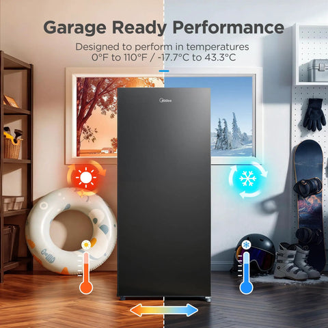 Big Capacity 7.1 Cu Ft Upright Freezer Refrigerator Convertible in Black with One Touch Switch in garage setting.