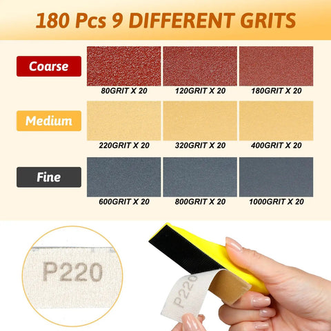 180 Pcs Mini Sanding Kit With Nine Grits From 80 To 1000 Sandpaper And Finger Sanding Blocks, color-coded, showing grits and hand use.