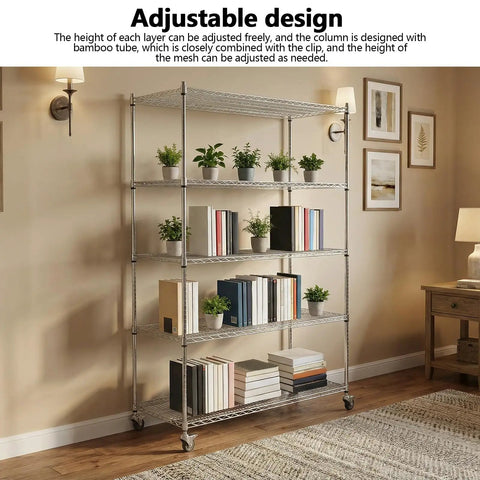 Rock Solid Heavy Duty Adjustable Five Tier Wire Shelving Rack With Smooth Rollin Casters And Hella Durable 331 Lb Weight Load Capacity For Garage Workspaces And Storage Areas with books and plants.