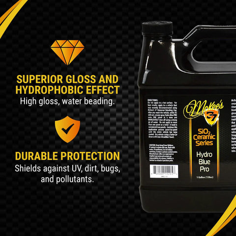 Hydro Blue PRO SiO2 Ceramic Coating Spray On Rinse Off Easy High Gloss Finish with hydrophobic protection, 128 oz bottle features.