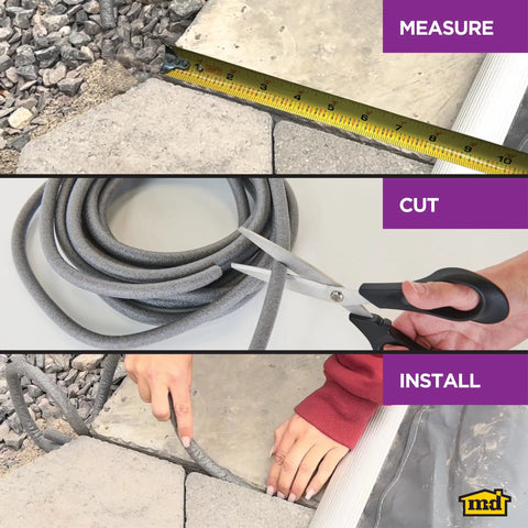 All Purpose Foam Backer Rod For 3/4 Inch Expansion Joints, Gray Caulking Backing Strip 15 Feet Long Indoor Outdoor Weather Proof Sealant Gap Filler Built Like A Tank For Quick Fix Home Jobs, demonstrating measurement, cutting, and installation.